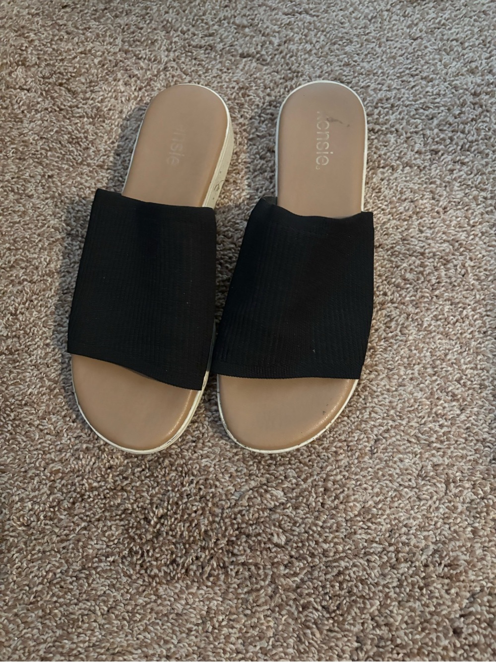 kenzie Black Knit Slide Sandals with Tan Footbed